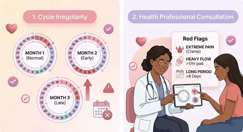 Infographic comparing a normal, an early and a late cycle over three months, with red flags to see a doctor: severe pain, heavy bleeding, periods over 8 days