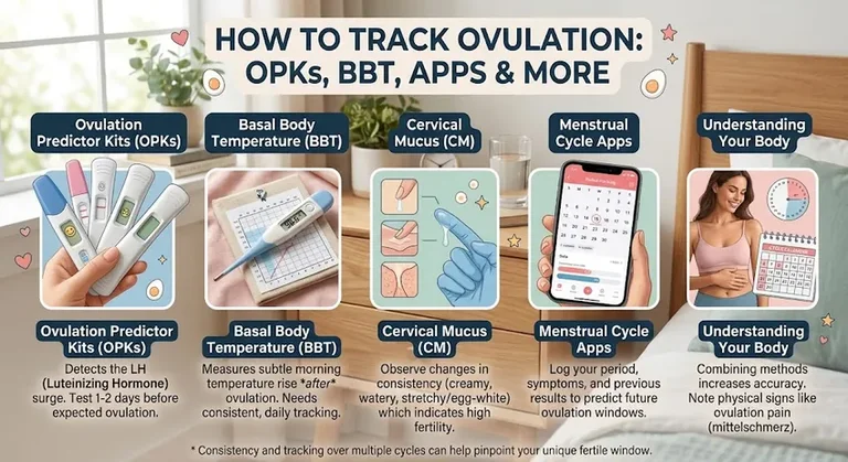 How to track ovulation infographic showing ovulation predictor kits (OPKs), basal body temperature (BBT), cervical mucus observation and menstrual cycle apps