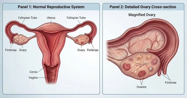 Internal organs of the female reproductive system with a magnified ovary cross-section