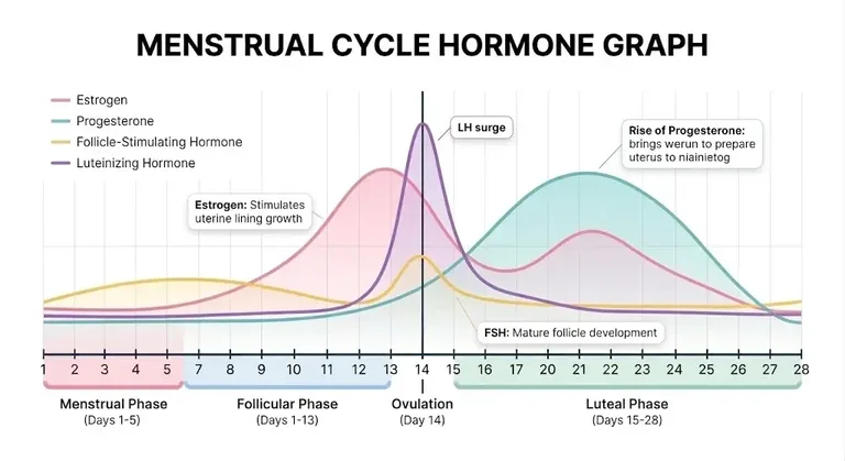 Menstrual cycle hormone graph showing estrogen, progesterone, follicle-stimulating hormone, and luteinizing hormone levels across the menstrual, follicular, ovulation, and luteal phases, days 1 to 28
