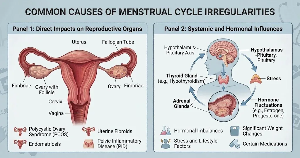 Menstrual cycle irregularities causes diagram: direct impacts on reproductive organs (PCOS, endometriosis, uterine fibroids, PID) and systemic hormonal influences (thyroid, stress, hormone fluctuations)