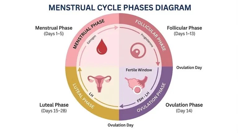 Cycle phases diagram showing the four stages: menstrual, follicular, ovulation, and luteal phase
