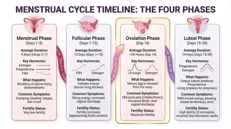 Menstrual cycle timeline infographic showing the four phases with average duration, key hormones, what happens, common symptoms, and fertility status for each