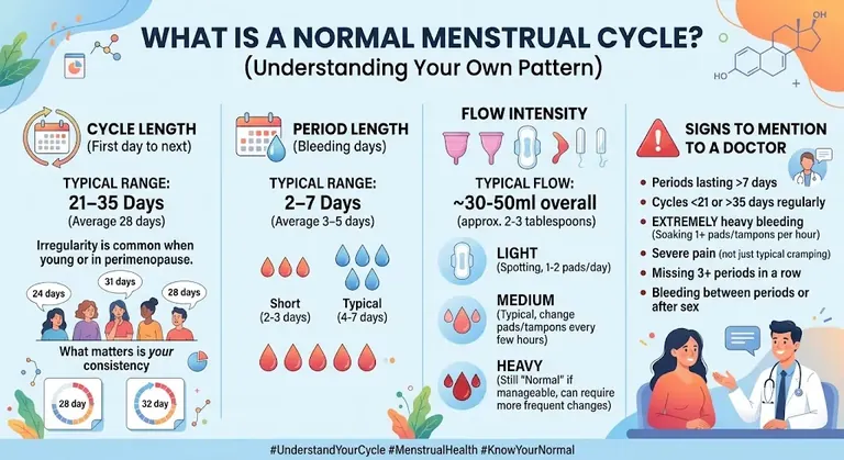 Normal menstrual cycle infographic showing typical cycle length 21 to 35 days, period length 2 to 7 days, flow, and signs to mention to a doctor