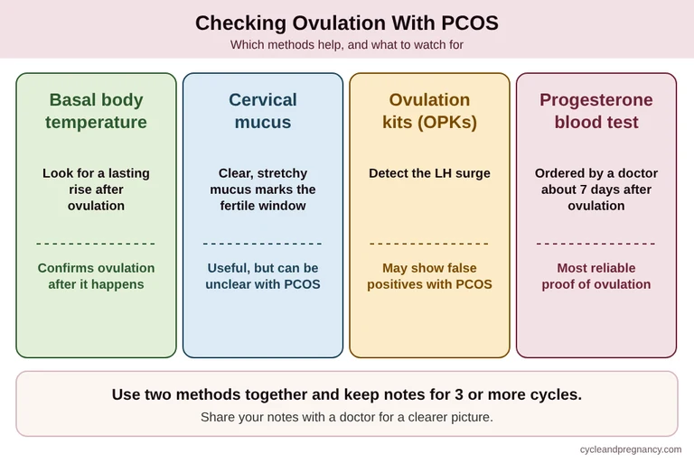Ways to check ovulation with PCOS: basal body temperature, cervical mucus, ovulation kits and a progesterone blood test