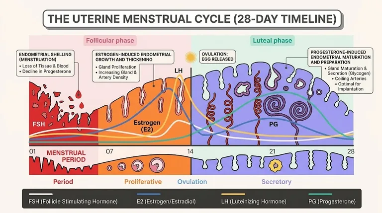 Uterine menstrual cycle timeline showing the period, proliferative phase, ovulation and secretory phase of the endometrium with FSH, estrogen, LH and progesterone levels over 28 days
