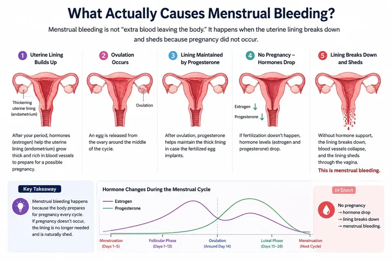 What causes menstrual bleeding: step-by-step diagram. The uterine lining builds up, ovulation occurs, lining maintained by progesterone, hormones drop without pregnancy, lining breaks down and sheds, with hormone level chart across the menstrual cycle
