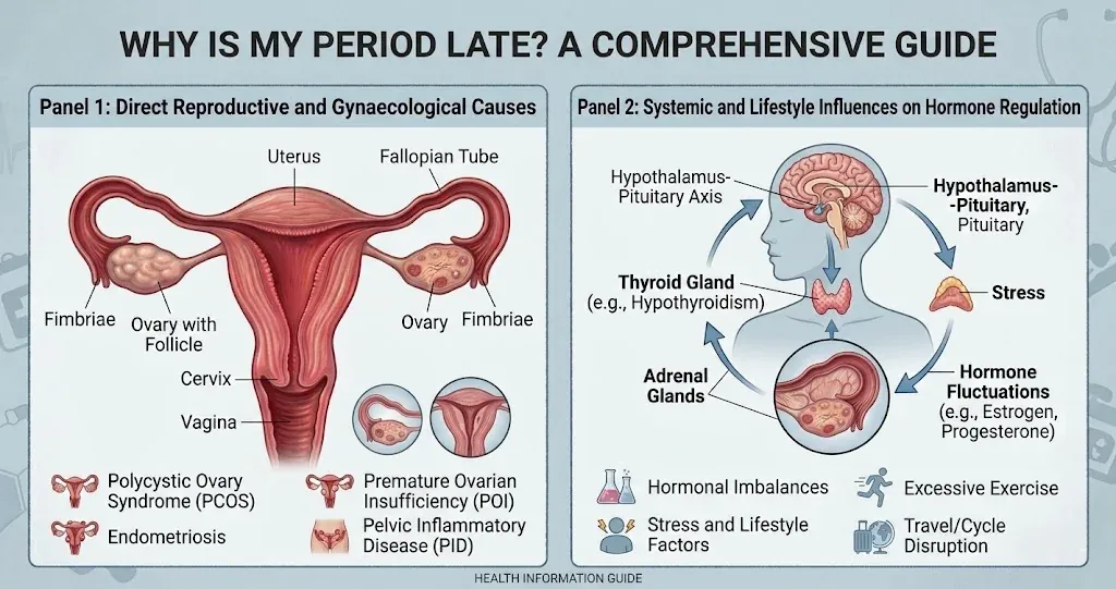 Why is my period late or missed: infographic showing reproductive causes like PCOS and endometriosis, plus systemic causes like stress, hormone fluctuations, and travel