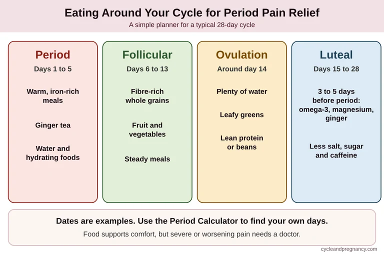Eating plan for period pain relief across the follicular, ovulation, luteal and period phases of the cycle