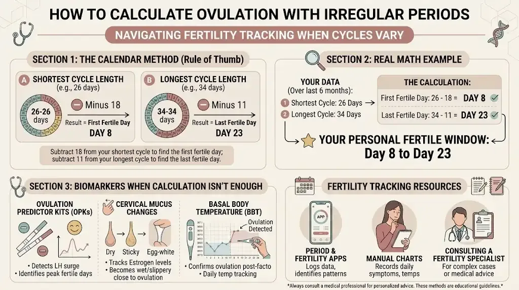 Ovulation With Irregular Periods: How to Calculate It 1 How to calculate ovulation with irregular periods: calendar method rule of thumb, real math example, and biomarkers to confirm