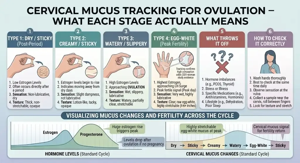 Cervical mucus tracking for ovulation: what each of the four stages means, from dry to egg-white
