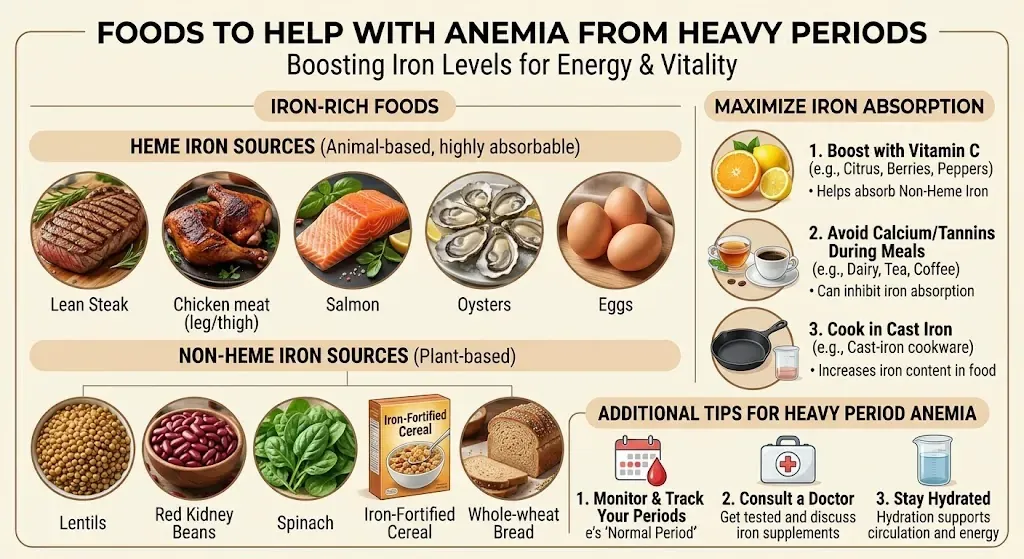 Iron-rich foods that help with anemia caused by heavy periods