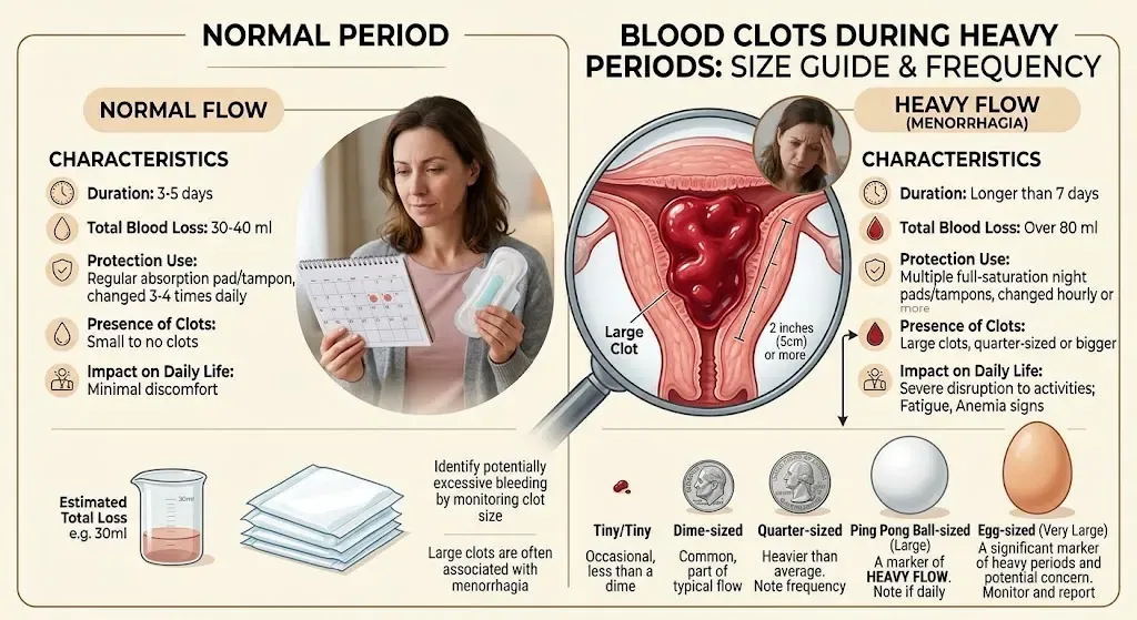 Blood clot size guide for a heavy period, from dime-sized to quarter-sized