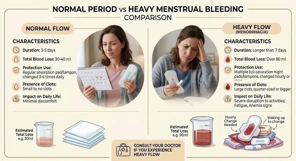 Normal period blood loss compared with a heavy period