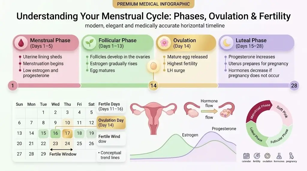 Free Women's Health Calculators for Your Cycle & Pregnancy 1 Women's Health Calculators infographic: menstrual cycle phases, ovulation, and fertility timeline