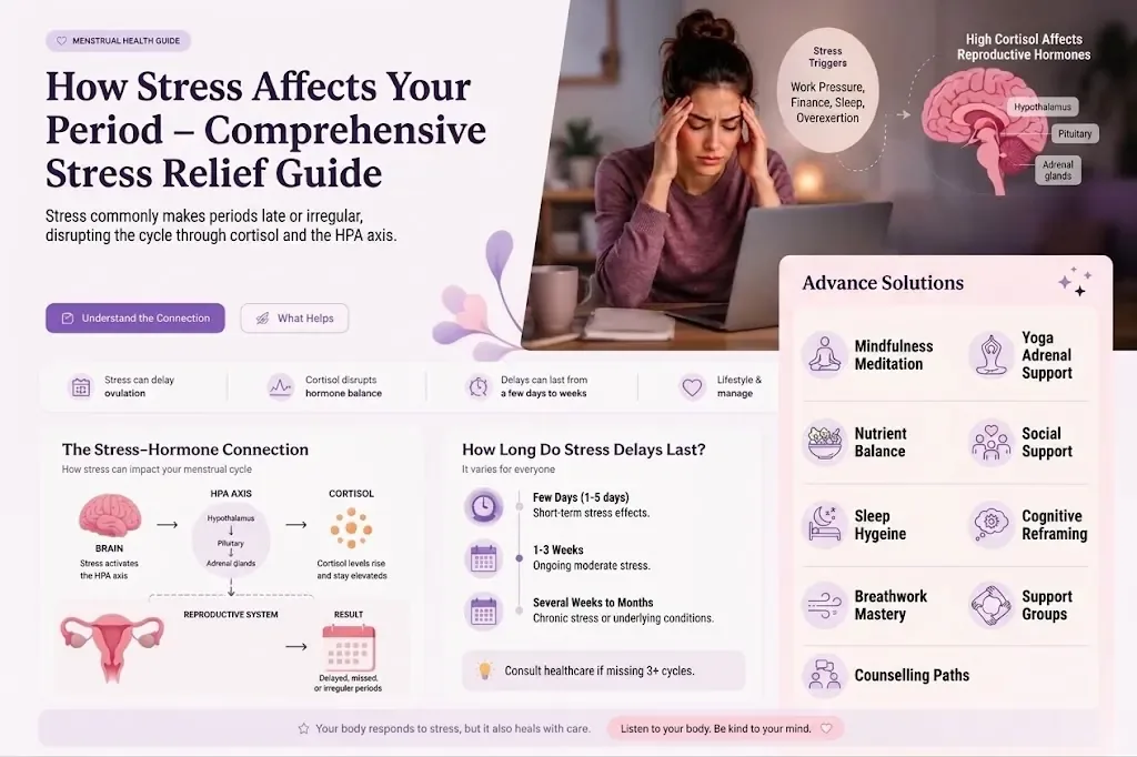 How stress affects your period guide showing the stress-hormone connection, cortisol and the HPA axis, how long stress delays last, and stress relief solutions