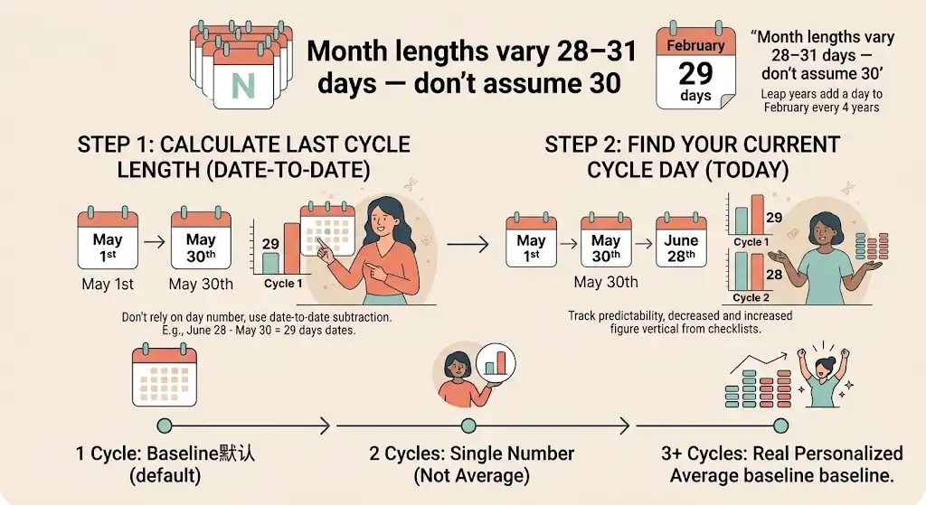 How to Calculate Your Menstrual Cycle From Date to Date 2 How to calculate your menstrual cycle date to date: month lengths vary 28-31 days, don't assume 30