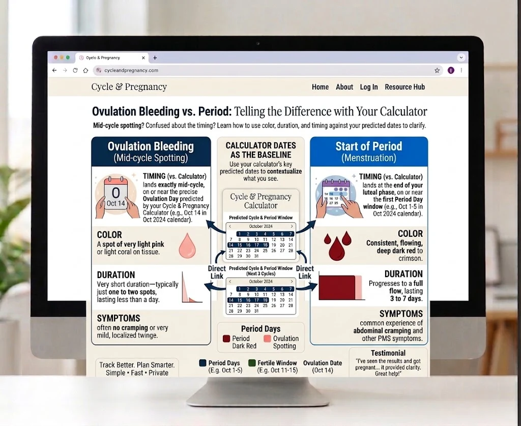 Comparison infographic of ovulation bleeding vs period: mid-cycle spotting color, duration and symptoms beside the color, duration and symptoms of a period