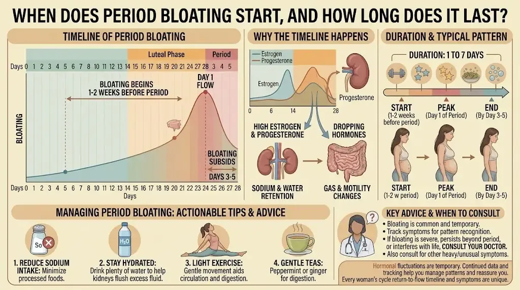 Period bloating timeline and duration chart from five days before a period to day five