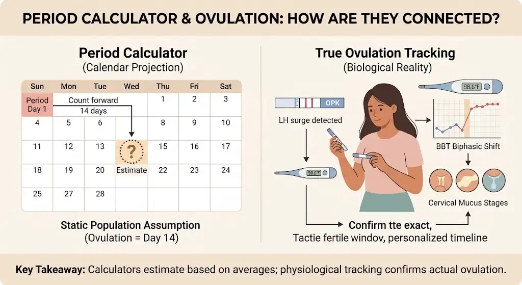 Period calculator and ovulation connected diagram comparing calendar-based period calculator estimate against true ovulation tracking with OPK, basal body temperature, and cervical mucus