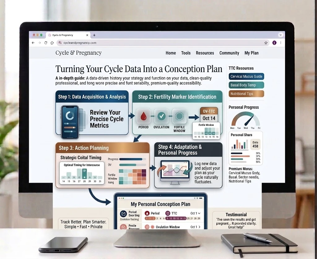 Infographic with four steps: review cycle metrics, mark period, ovulation and fertile window, plan intercourse timing, then adapt as new cycle data comes in