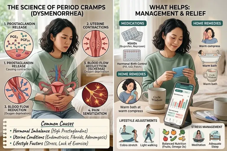Period Cramps – Why They Happen and What Helps 2 Period cramps infographic: prostaglandin release, uterine contractions, blood flow reduction and pain sensitization, with relief options like NSAIDs, birth control and heat