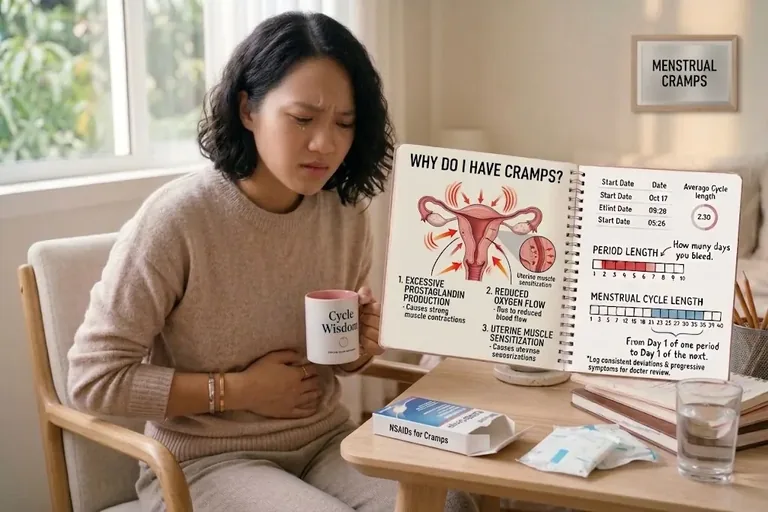 Period Cramps – Why They Happen and What Helps 1 Period cramps: woman holding her stomach in pain, with a guide explaining prostaglandins and uterine muscle sensitization