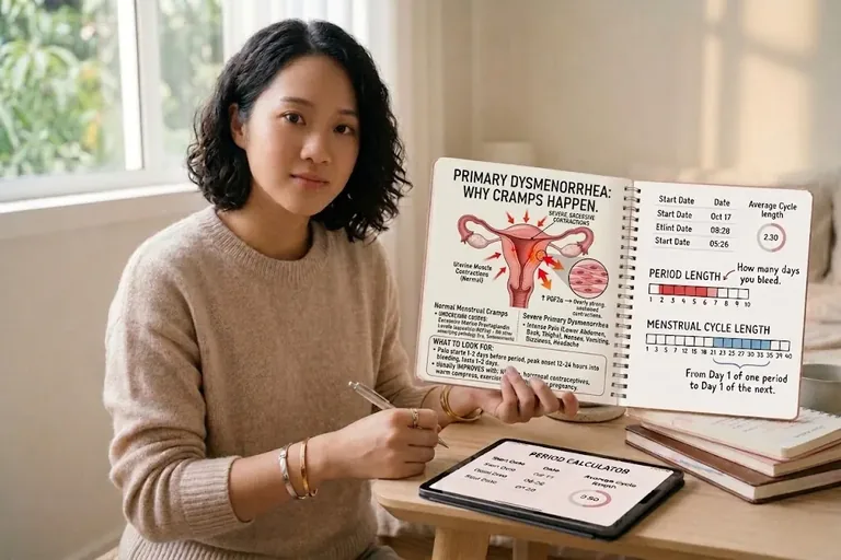 Period Cramps – Why They Happen and What Helps 3 Period cramps from primary dysmenorrhea: diagram of uterine muscle contractions and prostaglandin PGF2 alpha release