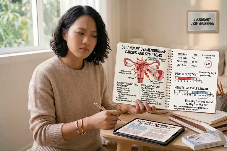 Period Cramps – Why They Happen and What Helps 4 Period cramps from secondary dysmenorrhea: diagram of causes like endometriosis and fibroids, with typical symptoms