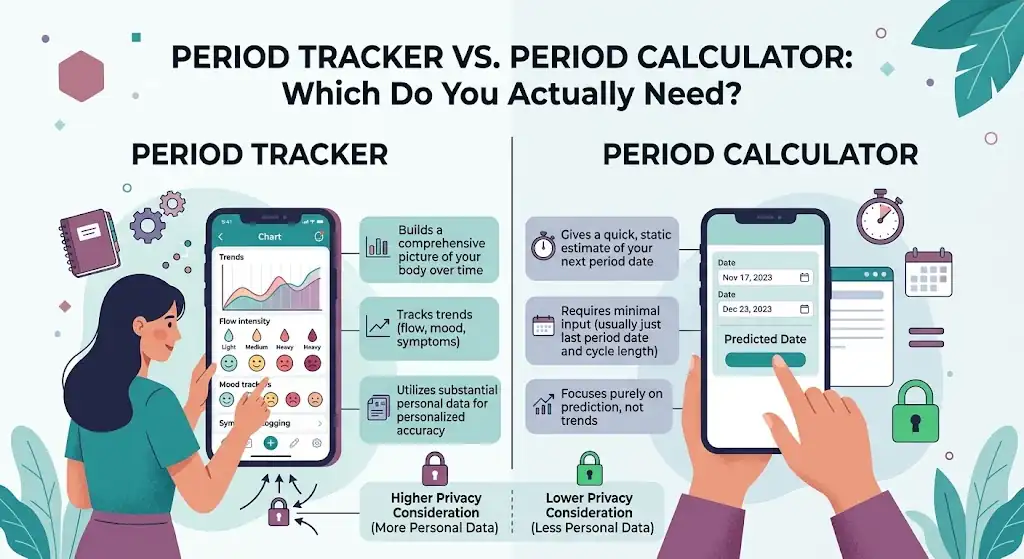 Period Tracker vs Period Calculator: Which Is Better? 1 Comparison infographic of a period tracker app that logs flow, mood and symptoms over time and a period calculator that gives a quick predicted date, with the privacy trade-off for each