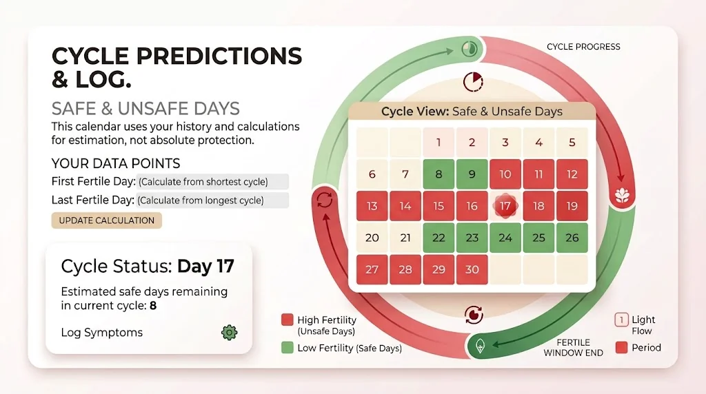 Safe days calculator chart showing estimated lower-risk days in green and higher-risk fertile days in red on a monthly cycle calendar