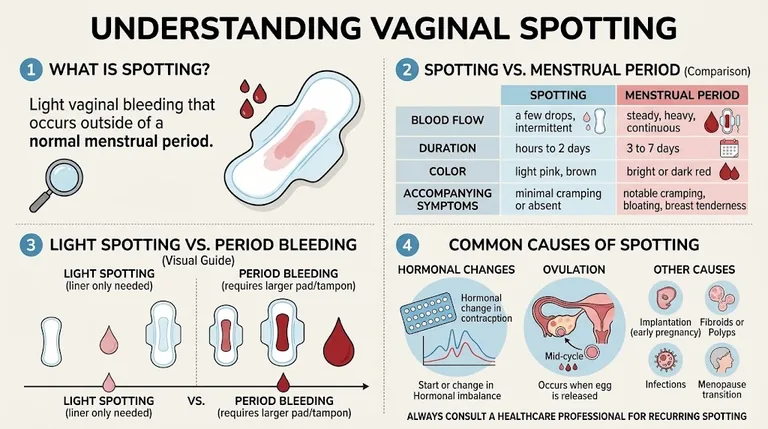 Spotting vs Period: Key Differences, Causes & When to Worry 2 Understanding vaginal spotting infographic with a spotting vs menstrual period table and common causes