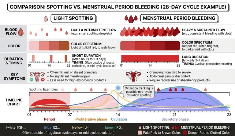 Spotting vs Period: Key Differences, Causes & When to Worry 1 Spotting vs period comparison chart showing blood flow, color, duration, key symptoms and a 28-day cycle timeline