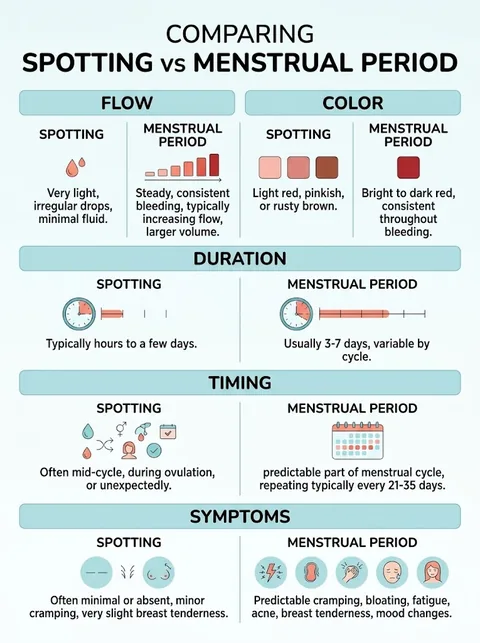 Spotting vs Period: Key Differences, Causes & When to Worry 3 Spotting vs menstrual period guide comparing flow, color, duration, timing and symptoms