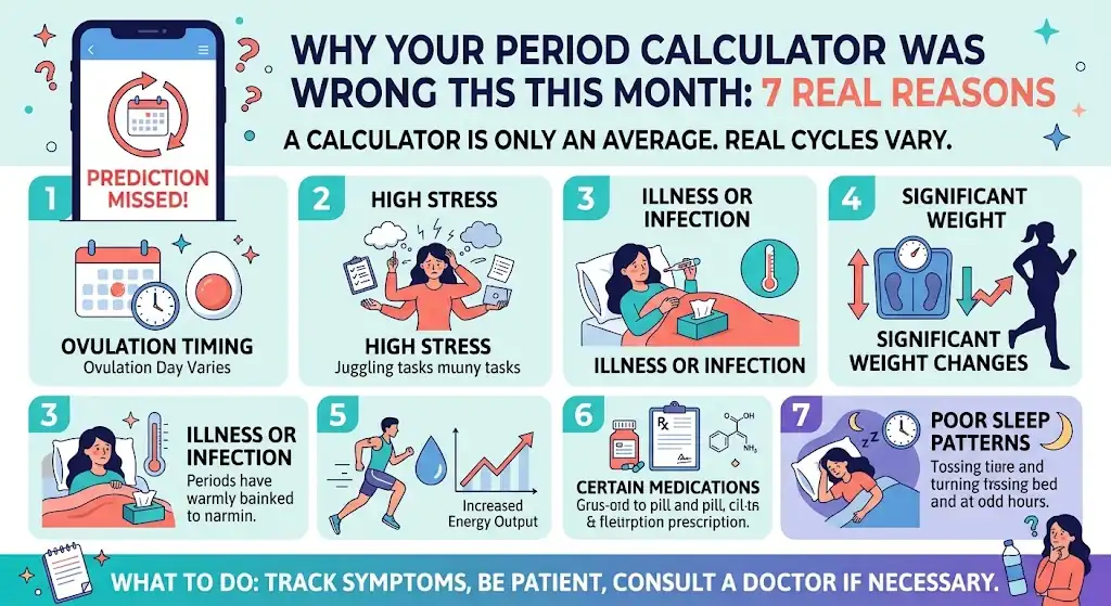 Infographic showing seven real reasons a period calculator prediction can be wrong: ovulation timing shifts, stress, illness, weight changes, exercise intensity, medication changes, and poor sleep