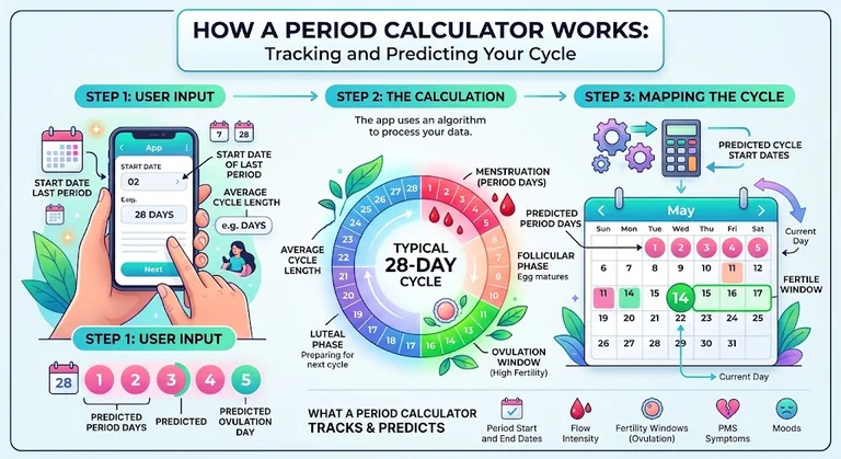 Period Calculator – Predict Your Next Period & Cycle Dates 1 How a period calculator works: enter your last period start date and cycle length, the calculation maps your cycle phases, and the calendar shows predicted period days